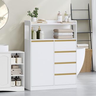 Badezimmerschrank, Küchenschrank, Aufbewahrungsschrank mit 4 Schubladen und Offenem Regal, Badschrank Hoch, Verstellbare Ablage, für Badezimmer, Wohnzimmer, Weiß, 29 x 80 x 110 cm