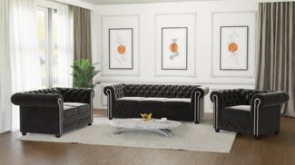 S-Style Möbel Polstergarnitur Chesterfield Lena mit Schlaffunktion 3+2+1 aus Samt-Stoff, Holzfüßen, (3-Sitzer-Sofa mit Schlaffunktion, 2-Sitzer-Sofa, Sessel), mit Wellenfederung