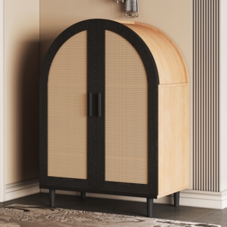 Elegantes Sideboard/Schuhschrank mit abgerundeter Außenseite, durchbrochenen Rattantüren und drei Regalen.