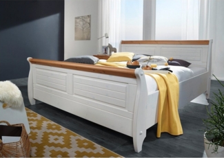 Lomadox Bettgestell SAVONA-69, Kiefer massiv weiß gewachst mit honigfarben, 180x200 cm Liegefläche