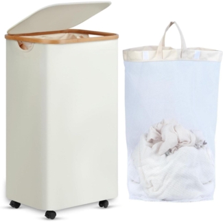 XL Wäschekorb mit Rollen 100L Bambus Deckel Herausnehmbar Waschbar Beige