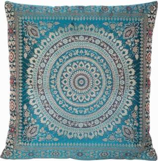 Handgewebter indischer Banarasi Seide Deko-Kissenbezug mit Extravaganten Mandala Design in Türkis-Blau - 40 x 40 cm