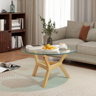 Couchtisch rund Glas gehärtet Ø80cm Beine Holzoptik höhenverstellbare Füße Wohnzimmertisch