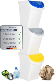 DELUKE® 3er Set Abfallbehälter mit Deckeln - 3x40L Stapelmülleimer | Abfalleimer Küche Mülleimer 3 Fächer Müllbehälter Kücheneimer 120L, Weiß