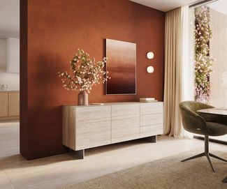 Sideboard Cuor 180 cm Keramik Laminam® Travertino Bianco Creme-Weiß 2 Türen 3 Schubfächer Fuß Schwebeoptik Edelstahl