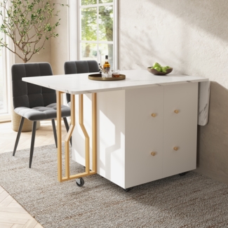 Ausziehbarer Weiß-Gold Esstisch 80-140x75x76,3 cm,großer flexibler Familien- und Arbeitstisch,Metallrahmen, stabiler mobiler Tisch mit Rollen