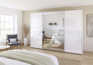 rauch Quadra, Kleiderschrank, Schiebetürenschrank, 3-türig, mit Spiegel und Glasfront, mit 4 Kleiderstangen und 8 Einlegeböden, Farbe Weiß/Glas Weiß, BxHxT 315x229x62cm