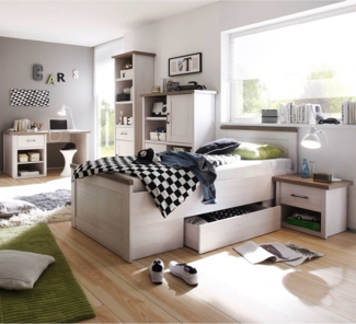 5 tlg. Jugendzimmer Kombination im Landhaus Design LUND-78 in Pinie weiß Nb. /Trüffel Eiche Nb.