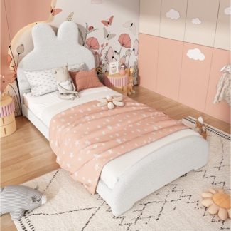 KLAM HOME Einzelbett Polsterbett, Bettkopf in Hasenohrenform,Vliesimitat, Weiß, 90x200cm (einfach, stilvoll und bequem, Cartoon niedlich Stil), ideal für Kinderzimmer, rutschfest und sicher