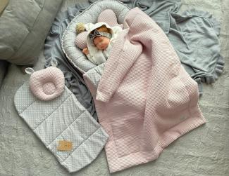 Loolay Bettnestchen WAFFELPIQUE Baumwolle BABYNEST Babykokon Neugeborene Babyaustattung, (Reisebett Nestchen SOLO/ o. in Geschenk SETS, 5-tlg, 4 Jahreszeiten ATMUNGSAKTIVER ROSA WAFFELSTOFF), 100% Europäische Stoffe und Kleinserien-Handnähen!