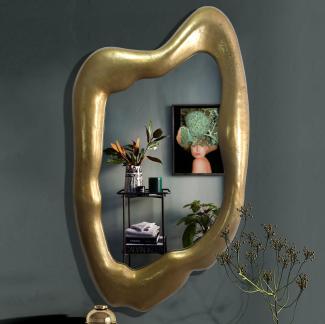 FineBuy Wandspiegel Asymmetrisch 100x57 cm Metall Design Hängespiegel Gold, Aluminium Dekospiegel Unförmig mit Rahmen, Spiegel Wand Groß, Flurspiegel Garderobenspiegel Modern Gold