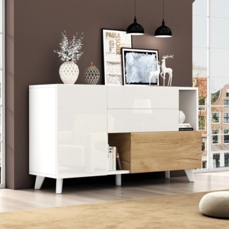 HAUSS SPOLE Sideboard Hochglänzendes Sideboard mit Stauraum, moderner Wohnzimmerschrank weiß (Kommode,Wohnzimmerschrank, als Fernsehschrank,TV-Board, 1 St, 2 Türen, 2 Schubladen,2 offene Fächer), Tür grifflos Pop-Open-Design
