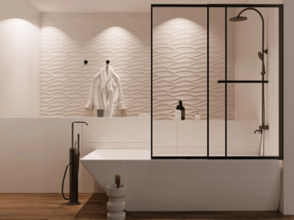 Vente-unique - Badewannenaufsatz Schiebetür schwarz matt + Handtuchhalter - 120 x 140 cm - WAIMEA