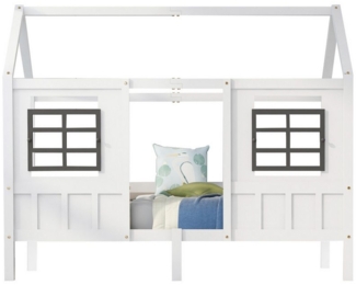REDOM Bett Hausbett, Einzelbett, Tagesbett, Kinderbett (mit 2 Fenstern, Rahmen aus Kiefer, 90X200 cm), Ohne Matratze