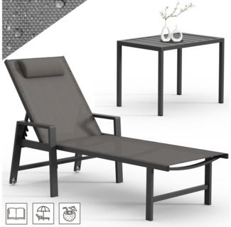 Mucola 1x Sonnenliege und Gartentisch Aluminium Gartenliege 200KG & Rollen wetterfest Teslin Klappliege Camping Terrassentisch