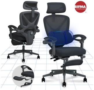 FLEXISPOT Drehstuhl Ergonomischer Bürostuhl mit X-Design (135° neigbare Rückenlehne & 3D-Kopfstütze & zonenverstellbare Lendenunterstützung), Synchron-Armlehnen, Ausziehbare Fußstütze, Drehstuhl für Homeoffice