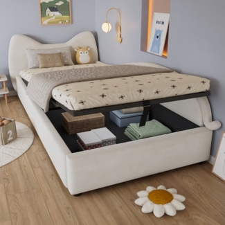 Flieks Polsterbett, Hydraulisches Stauraumbett Kinderbett 90x200cm mit Katzen-Kopfteil