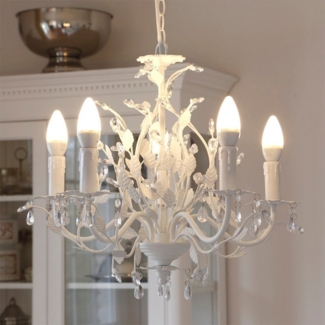 Grafelstein Kronleuchter 5-armiger Kronleuchter LEAVES weiß mit Blättern und Kristallen D50cm L