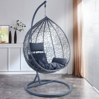 Luxus Hängesessel Miami XXL Polyrattan Korb und Gestell grau Kissen dunkelgrau