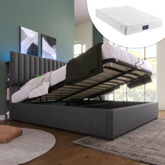 Polsterbett Stauraum Doppelbett LED App-Control, Bett mit aufladen USB Type C Ladefunktion, Stauraum & Verstellbares Kopfteil, Lattenrost aus Holz, Grau, 140 x 200 cm (Mit Matratze)