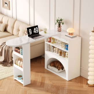 Ausziehbarer Thekentisch mit Haustierbereich, Marmoroptik, weiß, 120(+80)x40x100 cm