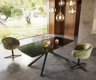 Esstisch Edge Boot 200x100 Reliefglas Rauchschwarz 3D-Design Kreuzgestell Rechteck Schwarz