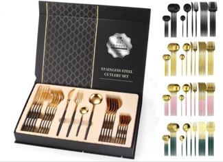 Besteck Set Edelstahl für 6 Personen 24-teiliges Besteckset hochglanzpoliert Spülmaschinenfest Luxury Box Rose Gold