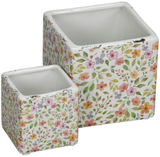 finehomegarden Blumentopf Topf Keramik Übertopf 2erSet ecki 8x8cm H8cm+12x12xm H12cm (2 St), Pflanztopf Vintage bunt Blumen / Paket