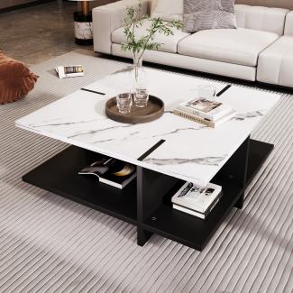 Merax Quadratischer Couchtisch, modernes und minimalistisches Schwarz-Weiß-Design, weiße Marmoroptik