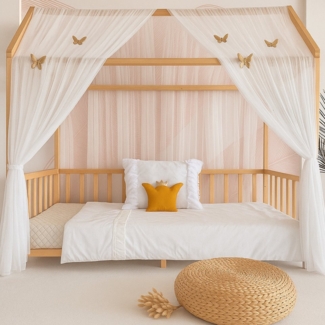 Baby Fancyroom Betthimmel Betthimmel Tüll Hausbett Kinderbett 2 Stück 340cm 380cm Montessori (3-tlg. Set mit 2x Betthimmel und einer 20er Pomponkette, Baldachin, Kinder Betthimmel Baldachin Himmel Deko Set), Betthimmel für Hausbett Montessori