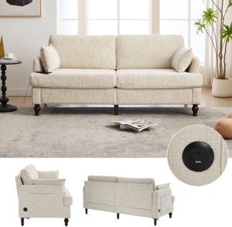 LVHOM 2-Sitzer Sofa mit USB&LED, Zweier Polstersofa Chenille Bezug, Loveseat 175x83 cm mit Zierkissen, Mid-Century Stil, Beige