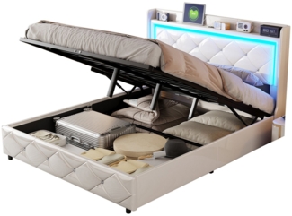 FUROKOY Polsterbett Stauraumbett Doppelbett Luftdruck-Hubstange mit LED-Beleuchtung, 160x200 cm,Gepolstert,mit USB+Type C,mit Stauraum,Kunstleder,Beige