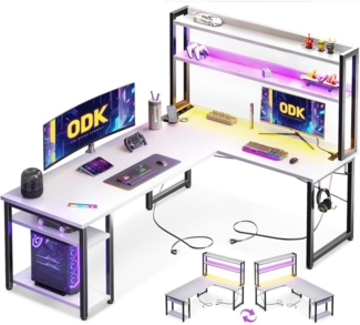 ODK Eckschreibtisch Weiß Gaming Tisch LED USB-Ladeanschluss 150x120cm