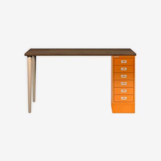 MultiDesk, 2 Eichenfüße, 1 MultiDrawer mit 6 Schüben, Dekor Nussbaum, Farbe Orange, Maße: H 740 x B 1400 x T 600 mm