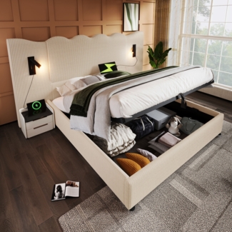 Merax Polsterbett Doppelbett 180×200 mit Leselampe und USB Type-C Ladefunktion, Stauraumbett Bettgestell mit Lattenrost aus Massivholz und Metall, Beige-Weiß, Cordstoff (Ohne Matratze)