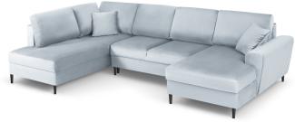 Micadoni 7-Sitzer Samtstoff Panorama Sofa Links mit Box und Schlaffunktion Moghan | Bezug Light Blue | Beinfarbe Black C...