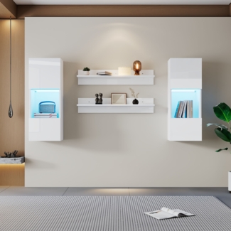 Wandregal 4er Sett, LED-Wandschrank und 2 Regale – Smarte APP-gesteuerte Beleuchtung, Hochglanzoberfläche und Türen aus gehärtetem Glas, für Wohnzimmer, TV-kompatibel, TV-Schrank-Set, Weiß
