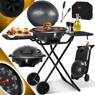 KESSER® elektrischer Elektrogrill 2in1 Tischgrill - Standgrill mit Deckel und Standfuß | max. 2400 Watt | Faltbar | Thermometer | Antihaftbeschichtung | Grillplatte Abstelltische | 2 Räder | Schwarz - Set