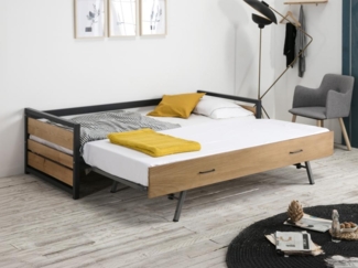 Vente-unique - Ausziehbett + Matratzen - 2 x 90 x 190 cm - MDF, Kiefernholz & Metall - Nussbaumfarben & Anthrazit - BOSTON