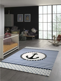 TeppichHome24 Kinderteppich Kinderteppich Maritim mit Anker in Blau Creme, rechteckig, Höhe: 1.3 mm