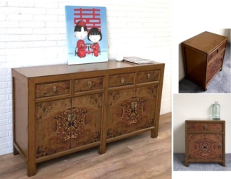 Vintage Asia Asiatische Möbelkombination Kommode Sideboard Nachttisch Nachtkästchen3-Teilig Braun