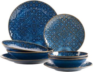 Modernes Vintage Geschirr Set fr 2 Personen in maurischem Design, 8-teiliges Tafelservice mit Tellern und Schalen aus hochwertiger Keramik; Blau