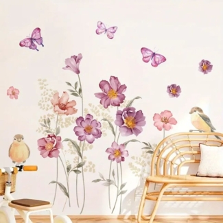 Montegoni Wandsticker Moderne Blumen Wandaufkleber mit Schmetterlingen – Selbstklebend (Einzelset, 1 Wandtattoo-Bogen), Selbstklebend, abnehmbar, moderne Blumen- und Schmetterlingsmuster