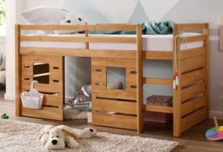 Lüttenhütt Hochbett Alpi aus Kiefernholz, inklusive Leiter und Panel, Außenmaßenbreite 103 cm