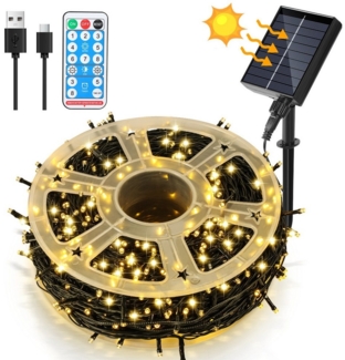 Clanmacy LED-Lichterkette 50M 500 LED Solar Lichterkette Solarleuchte Außen Garten Warmweiß, Wasserdicht