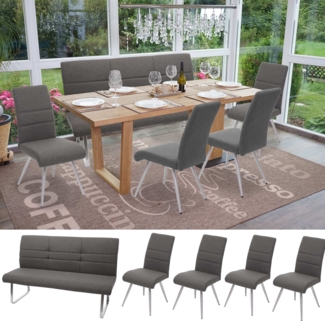 Set 4x Esszimmerstuhl+Sitzbank HWC-G55, Bank Küchenstuhl Stuhl, Stoff/Textil Edelstahl ~ grau-braun Bank 160cm