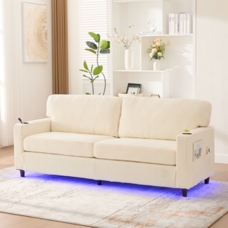 2-Sitzer Sofa Chenille weich gepolstert mit LED, USB-C, Seitentaschen & Getränkehaltern, modernes Wohnzimmer Sofa