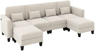 280 cm Ecksofa mit 2 Ottomane U-förmiges modulares Sofa mit USB- & Type-C-Ladeanschlüssen 4-Sitzer Sofa-Set Beige