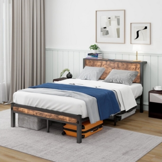 BlingBin Metallbett Metallgestell mit Stauraum-Kopfteil, Einzelbett Jugendbett (Einzelnes Metall-Plattformbettgestell, Geräuschfrei, 1-tlg, 120*200cm, Keine Matratze, Max Belastbarkeit: 220kg), Metalluntergestell, Ohne Boxspring Notwendig, Vintage Braun