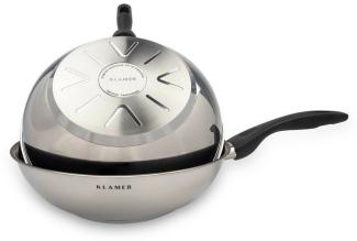 KLAMER Wok Edelstahl 28cm, antihaftbeschichtete Induktions-Pfanne, mit hohem Ran…, Energiesparend, Güteglasdeckel, tropffrei abgießen